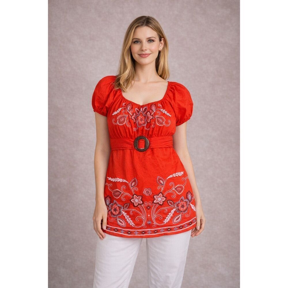 Vintage Y2K Orange Embroidered Belted Waist Short Sleeve Top Large #757